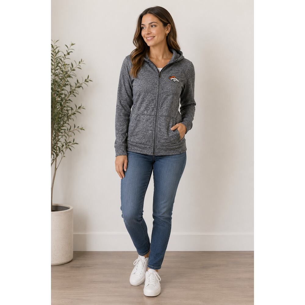 Denver Broncos women's gray full-zip hoodie thumb holes. size Large
